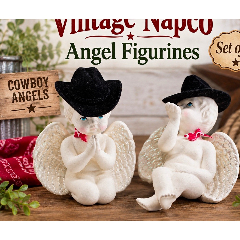 Napco Vintage 1950 Cowboy Angels Ceramic Figurines Set of 2 MCM Japan Western